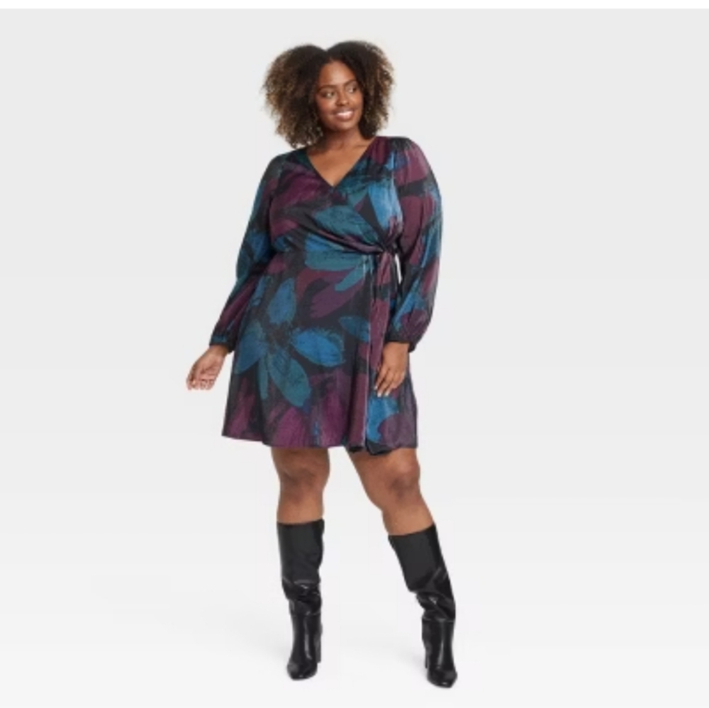 Ava & Viv Women's Floral Long Sleeve Dress - Blue and Purple NWT